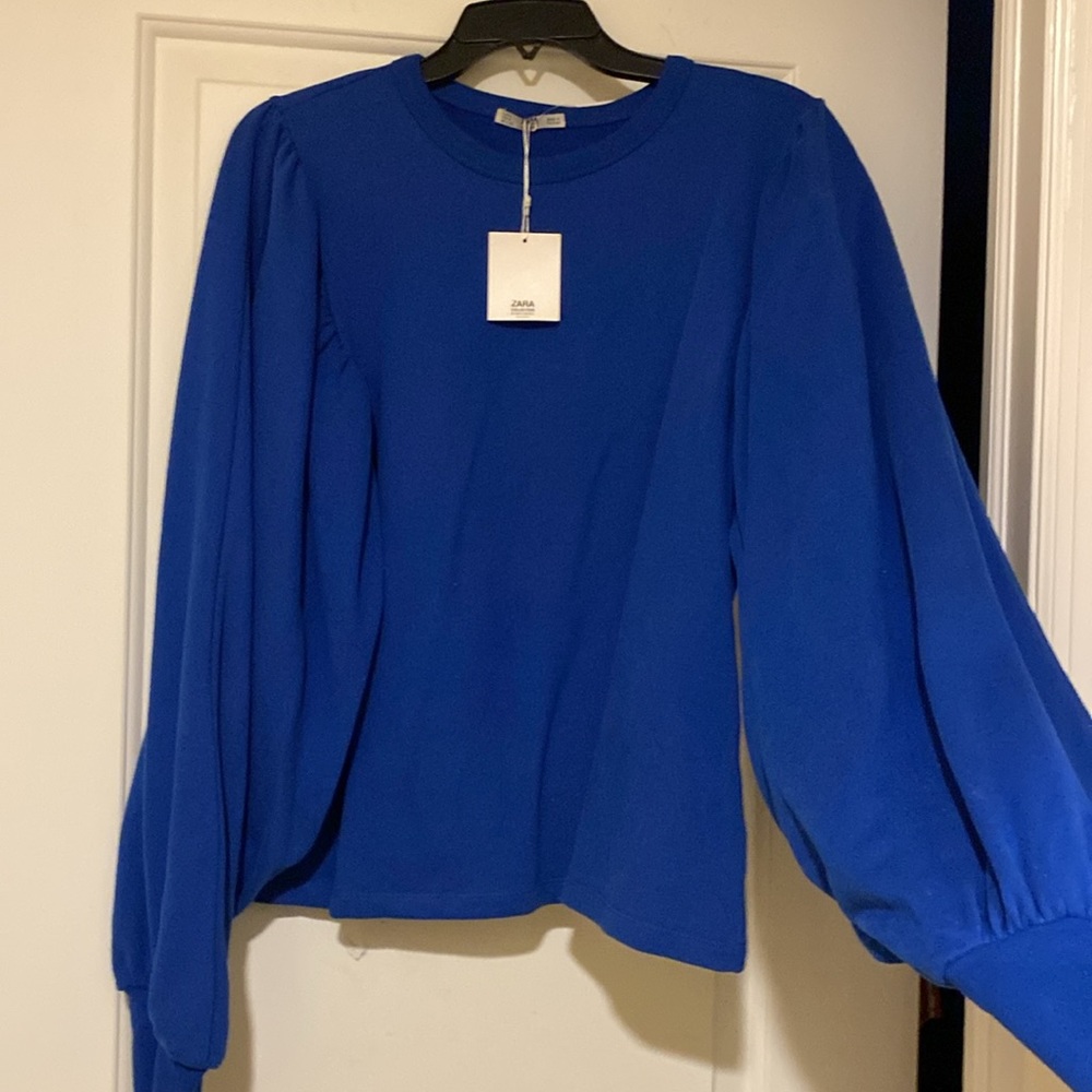 Zara Cotton Butter Soft Gorgeous Blue Sleeve Detail Sweatshirt NewWithTags